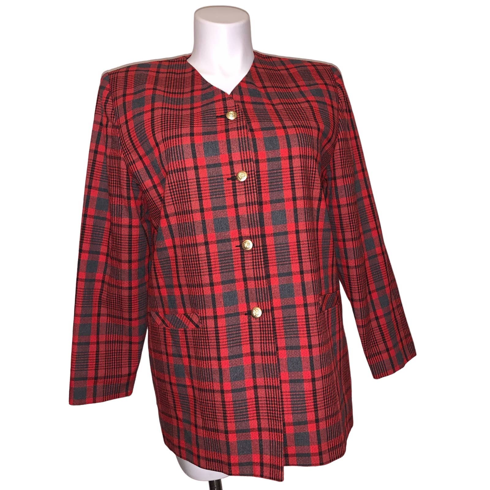 Allison Daley Formal / Business Casual Blazer Jacket Red Plaid Print , Size 1